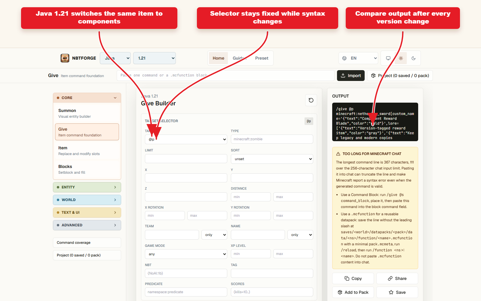NBTForge Give workbench screenshot targeting Java 1.21 component item output.