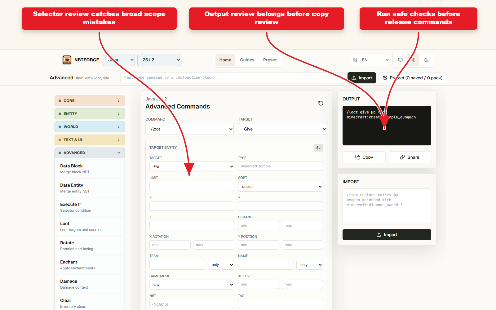 NBTForge Advanced workbench screenshot for selector and output review before copying.