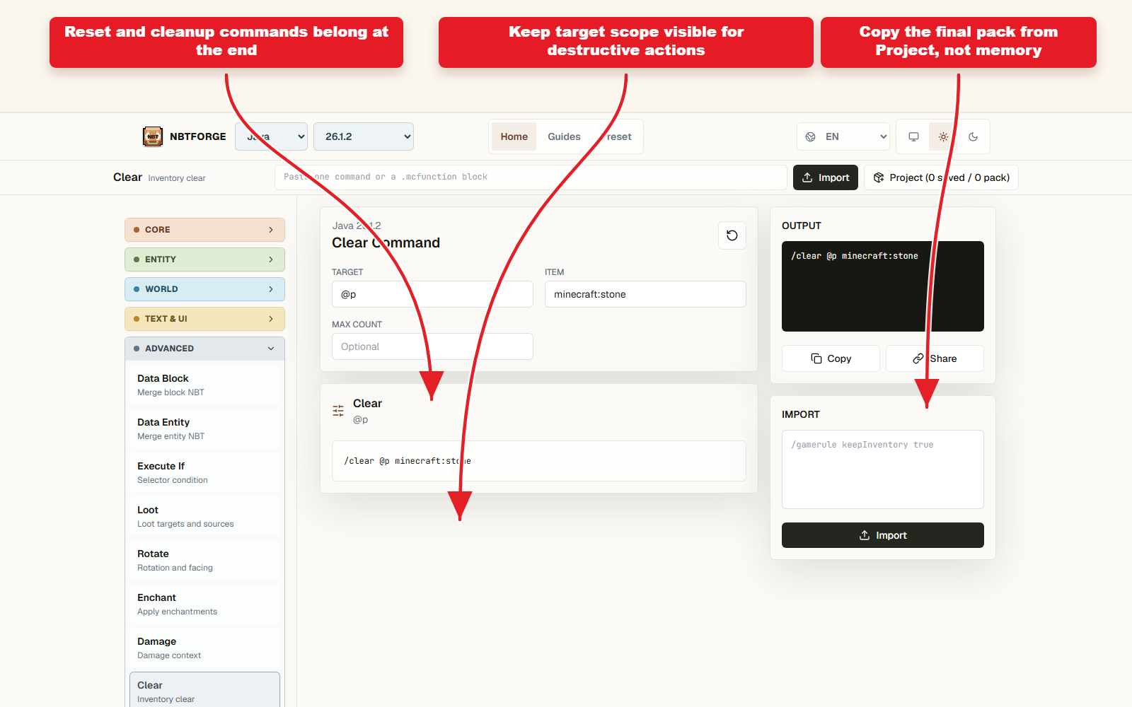 NBTForge Clear workbench screenshot for reviewing reset and cleanup command scope.