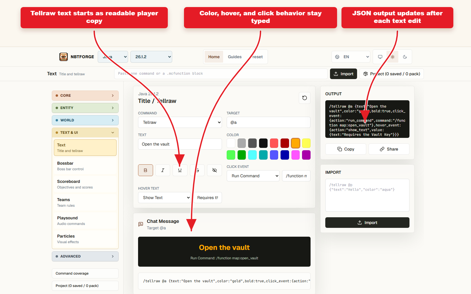 NBTForge Text workbench screenshot showing tellraw color, hover, and click fields.