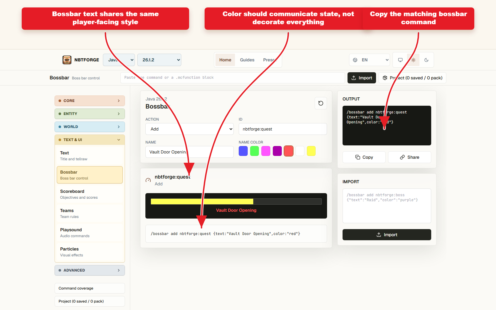 NBTForge Bossbar workbench screenshot showing player-facing text color for an objective.