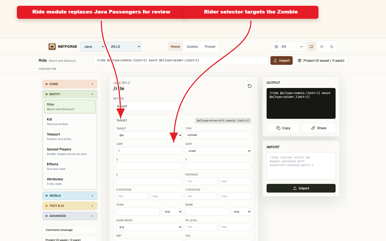 NBTForge Ride workbench configured for Bedrock ride preset from Java passengers.