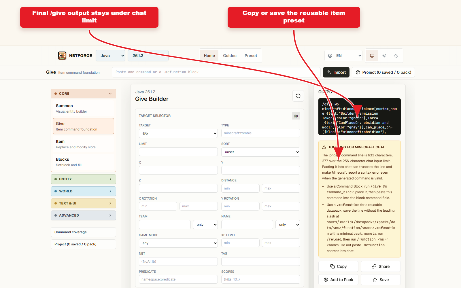 Copy-ready Give output for Builder Permission Token item.