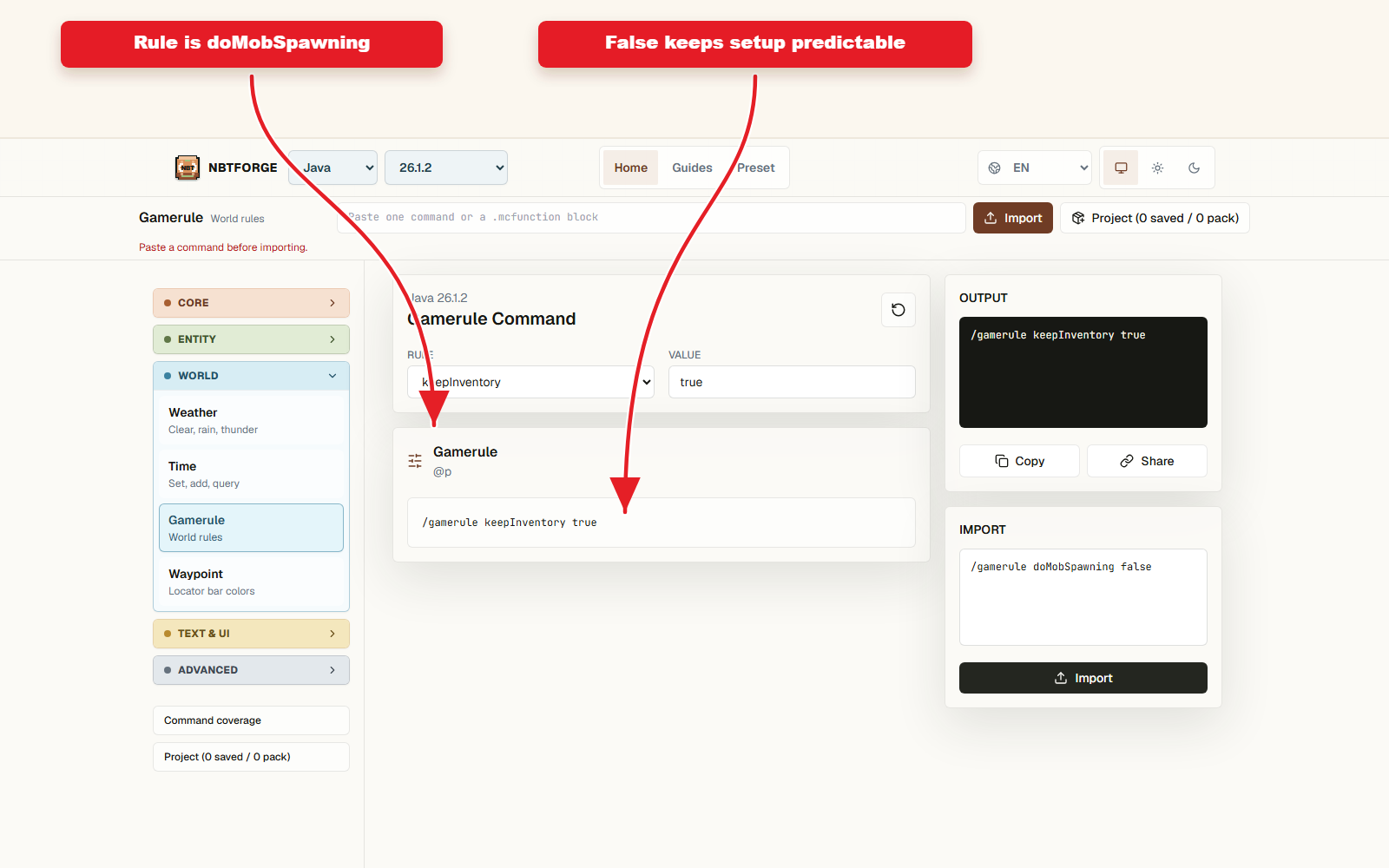 NBTForge Gamerule workbench configured for Gamerule preset for adventure maps.