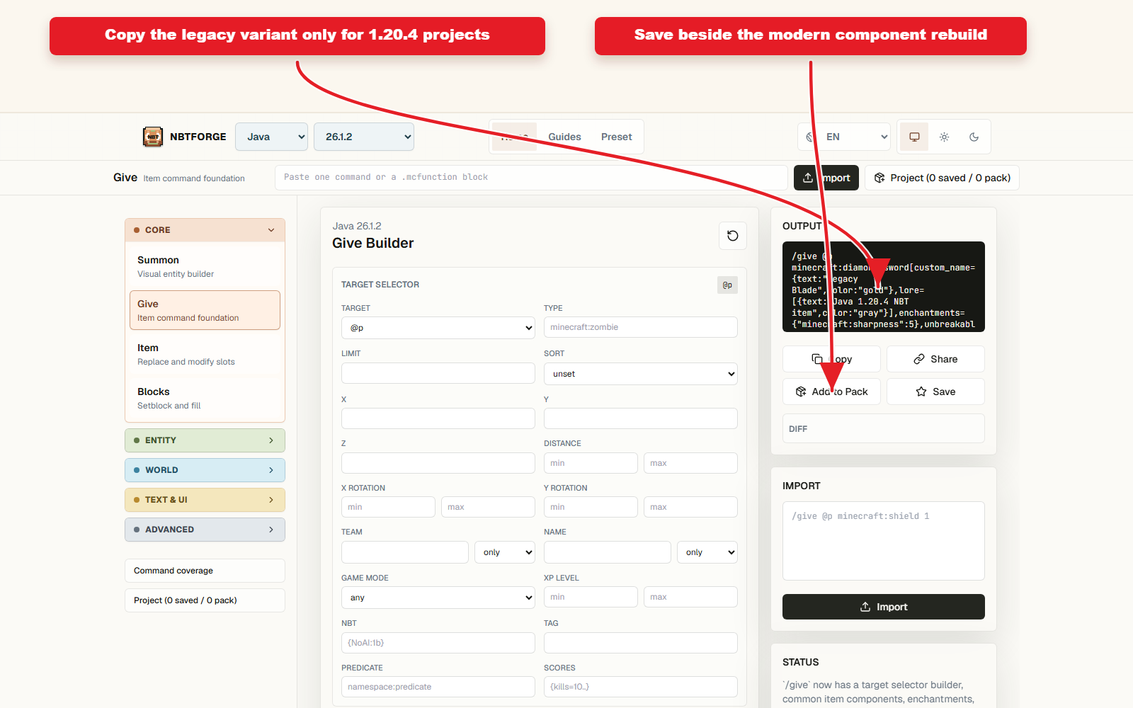 Copy-ready output for Java 1.20.4 item NBT preset guide.