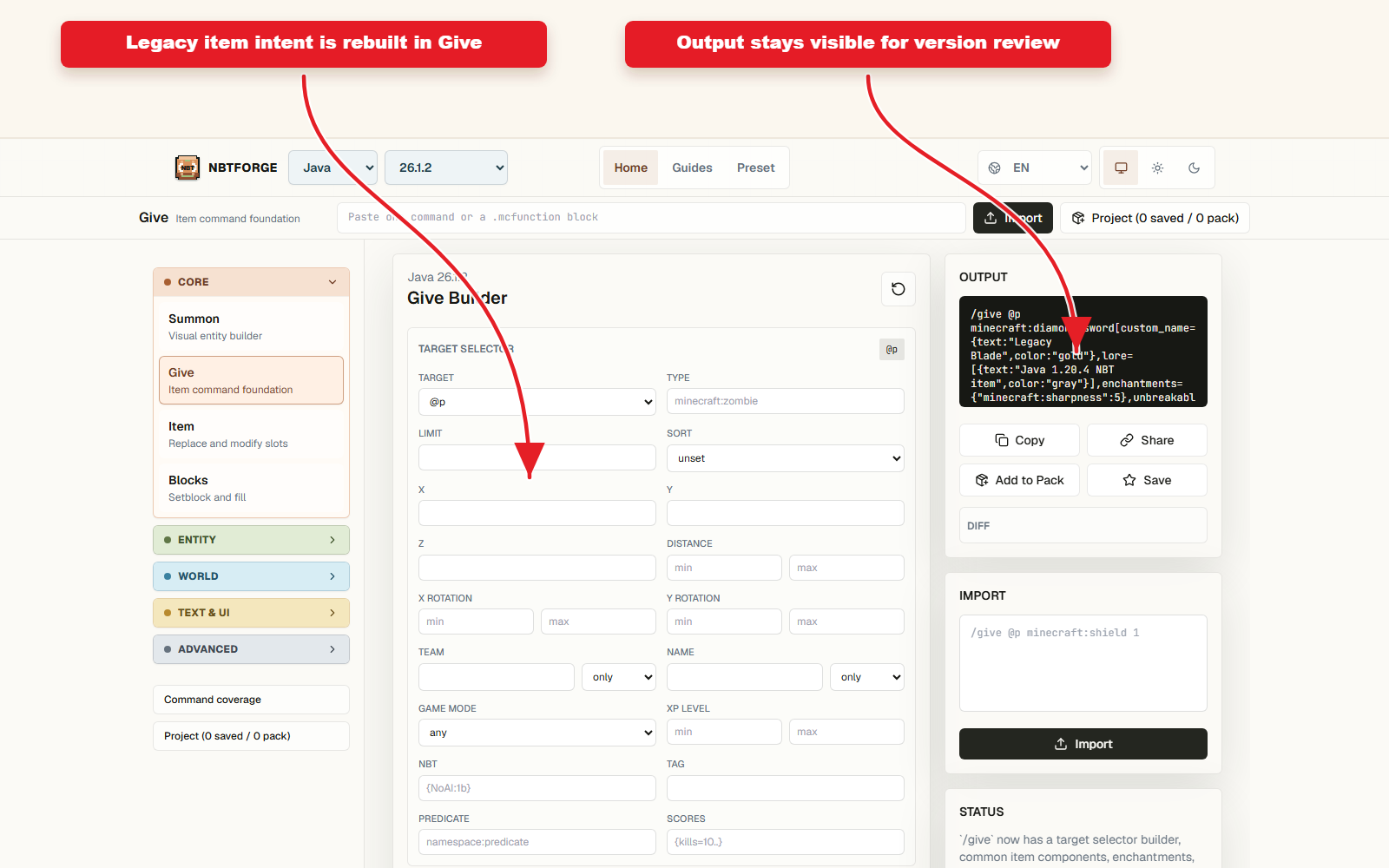 NBTForge Give workbench configured for Java 1.20.4 item NBT preset guide.