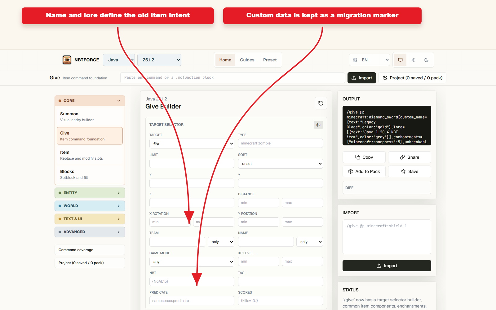 Detailed Give controls for Java 1.20.4 item NBT preset guide.