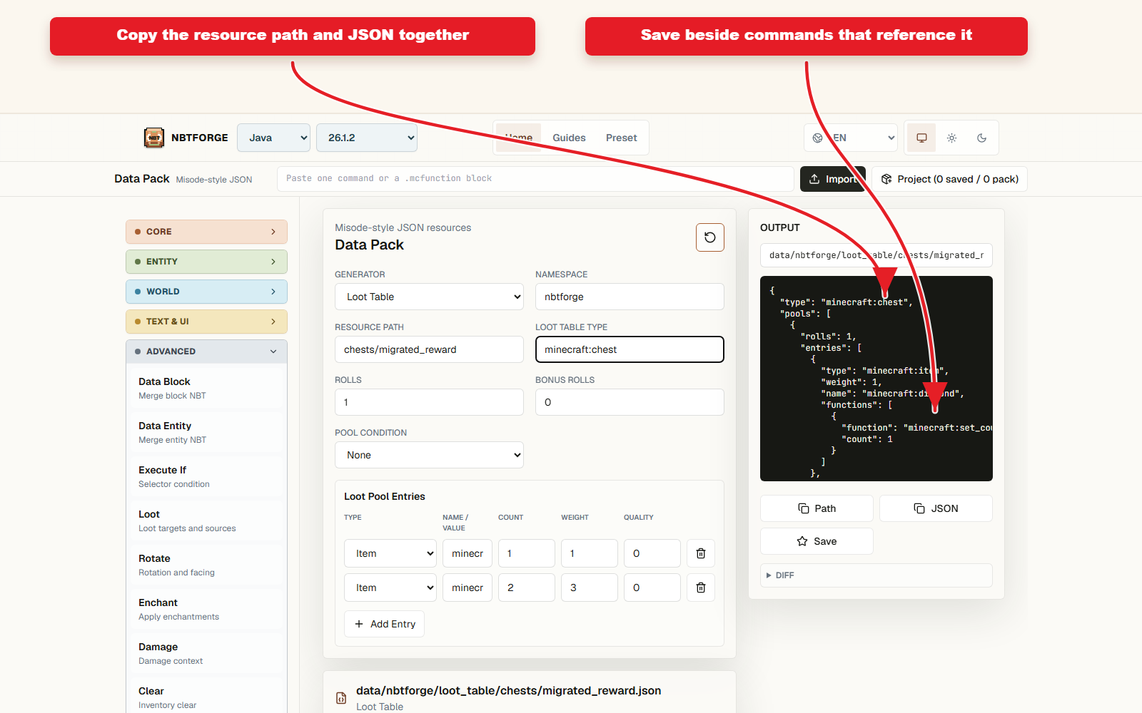 Copy-ready output for Misode to NBTForge datapack preset workflow.