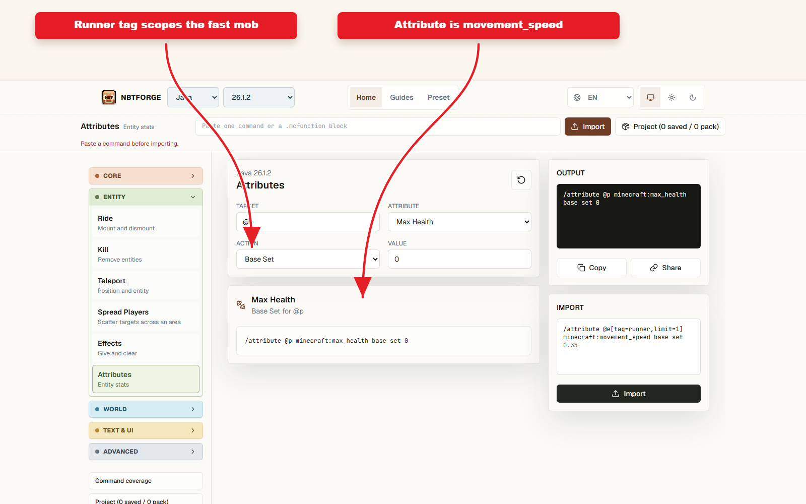 NBTForge Attributes workbench configured for Movement speed attribute preset.