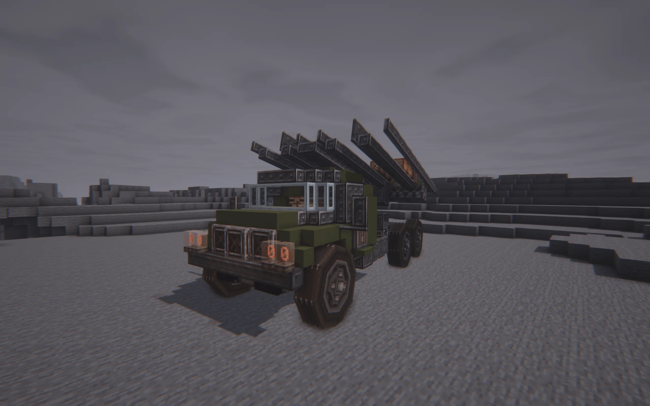 Multiple Rocket Launcher on vehicle - Soviet Katyusha with Copycat Half Panel, Copycat Step, Copycat Panel, Copycat Byte, Copycat Pane, Copycat Slab, Redstone Link, and Copycat Stairs, visible proportions, and a 17 x 7 x 9 schematic footprint.