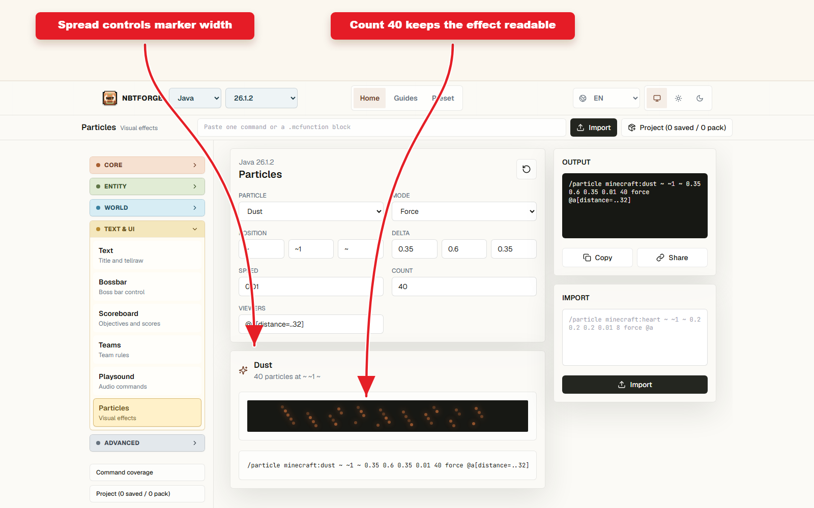 Particle spread, speed, and count settings for the particle preset generator.