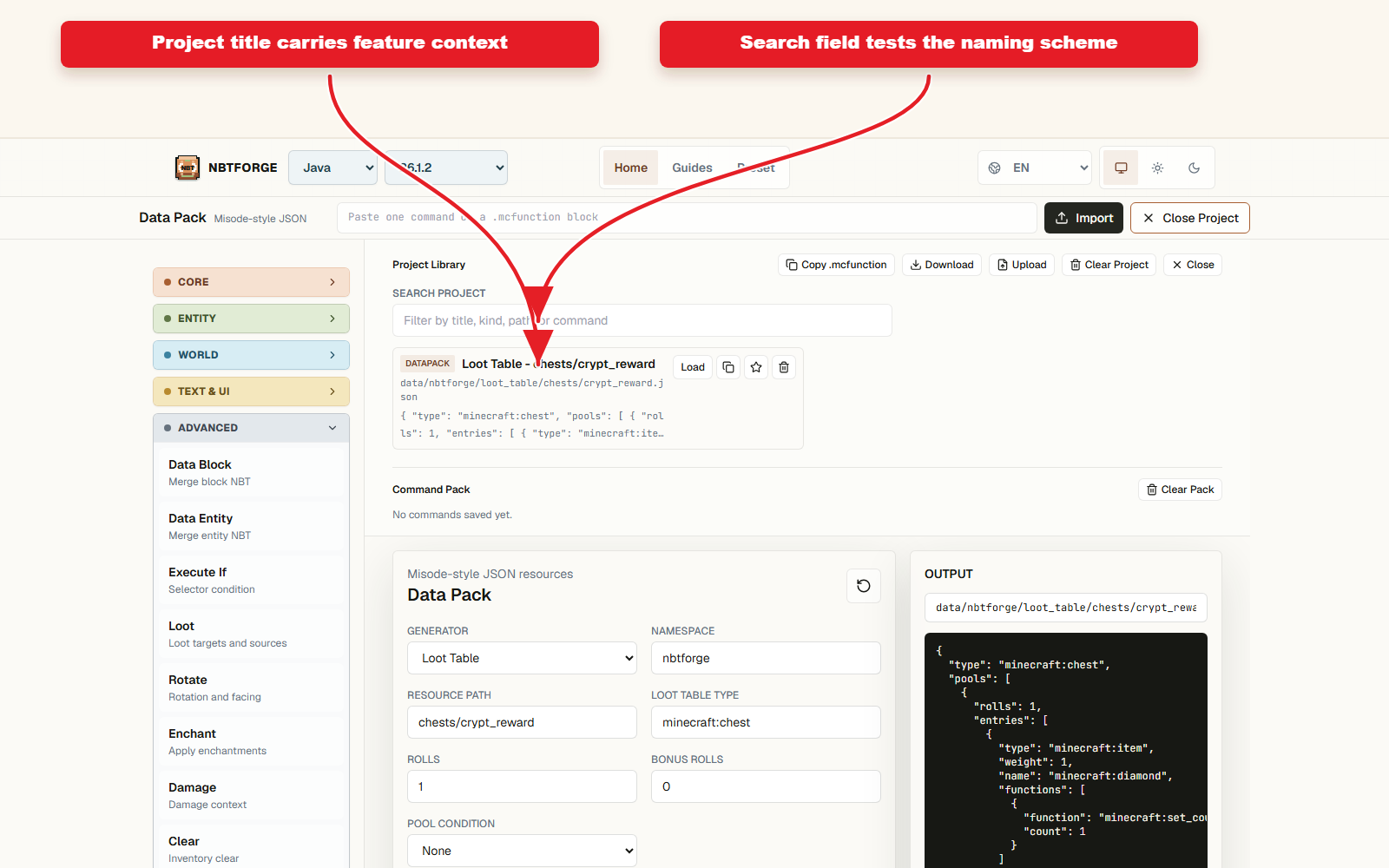 Detailed Project controls for Reusable command preset naming guide.