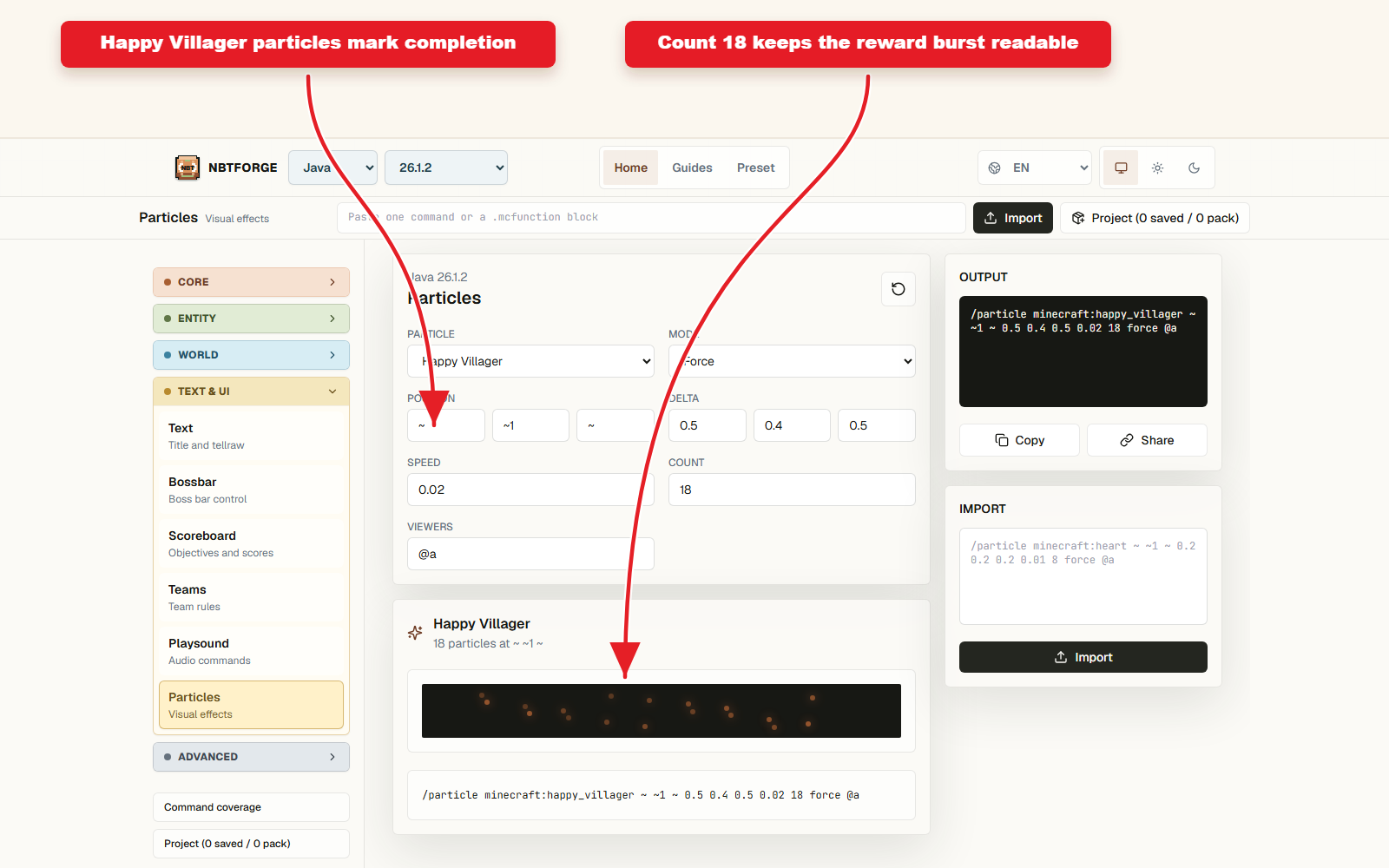 Detailed Playsound and Particles controls for Reward feedback preset with sound and particles.