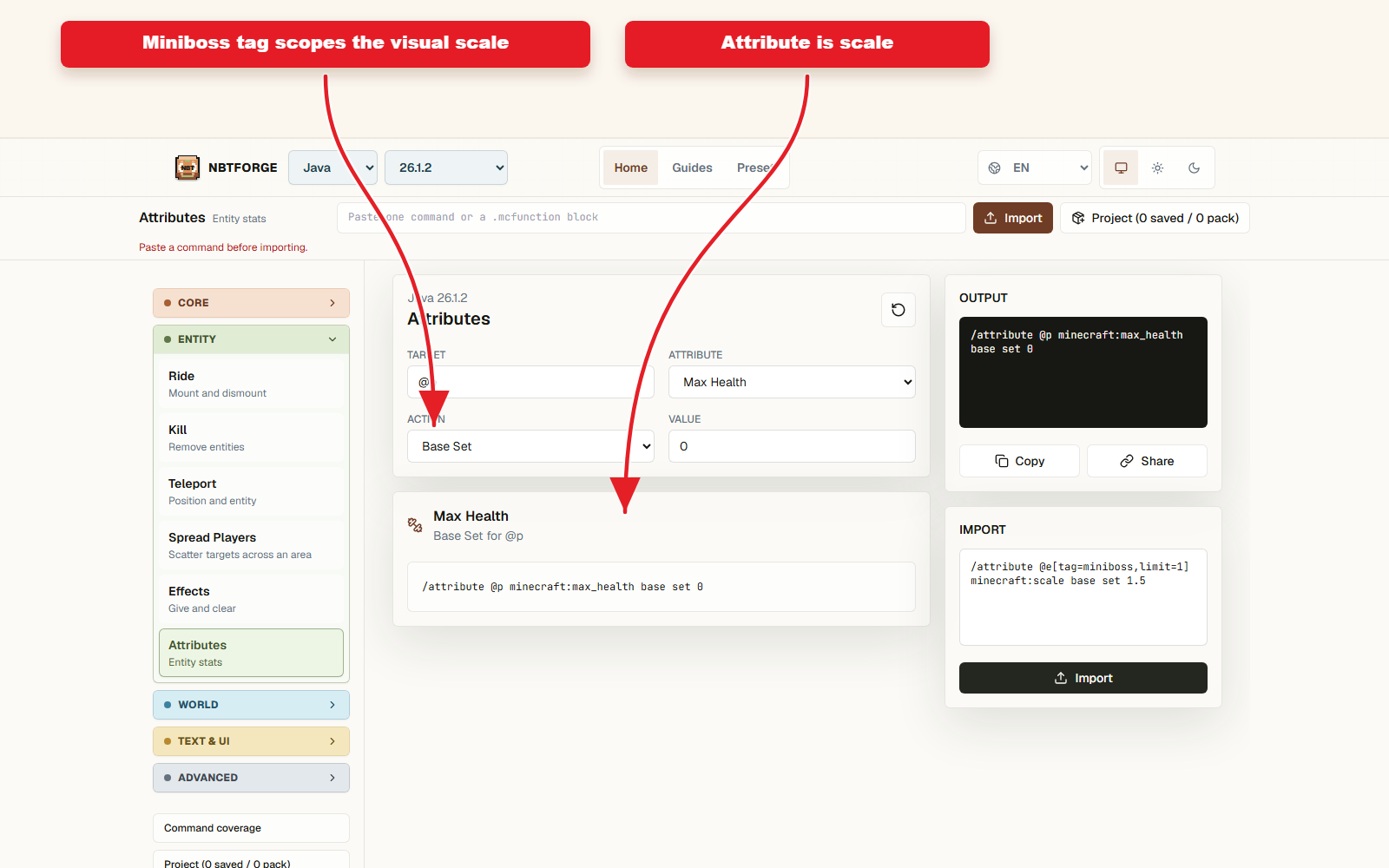 NBTForge Attributes workbench configured for Scale attribute preset for custom mobs.