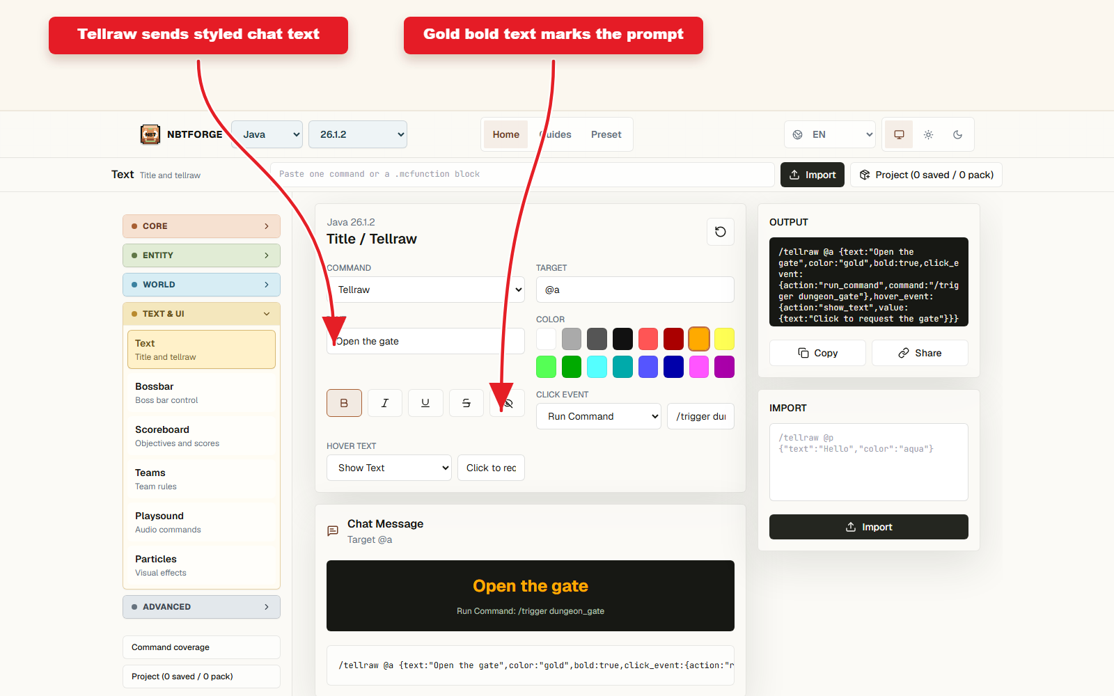 NBTForge Text workbench configured for Tellraw preset with colors and click text.