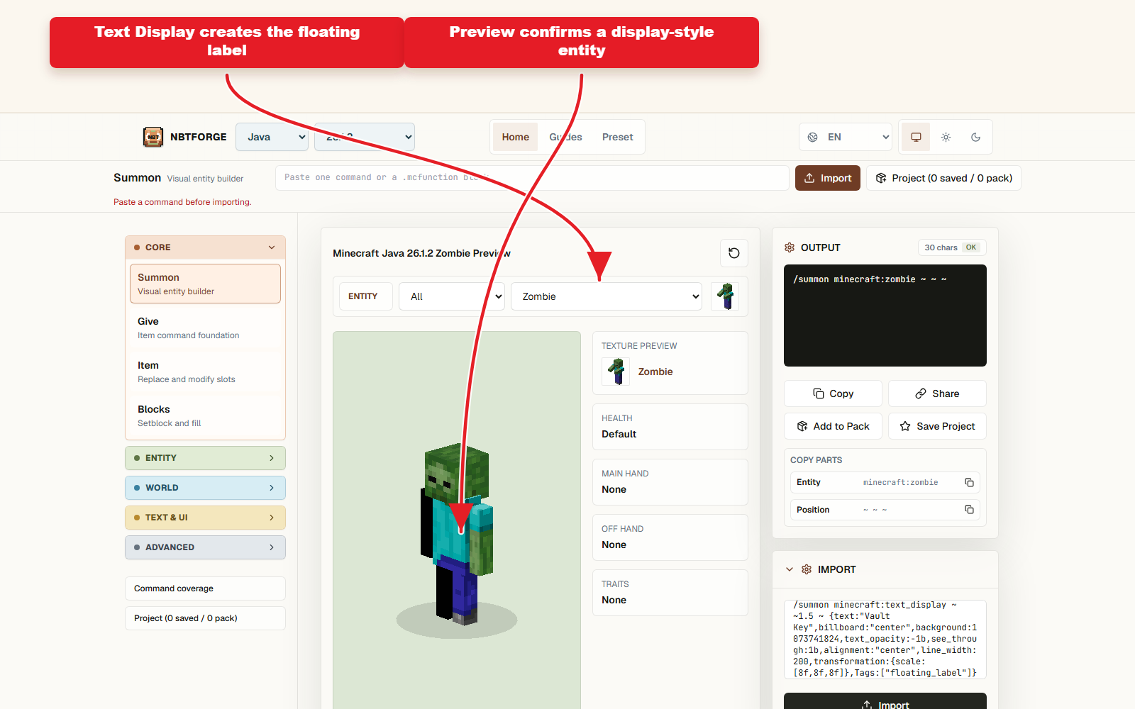 NBTForge Summon workbench configured for text_display floating Vault Key label.
