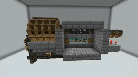 8-in-1 Bulk Item Processor with Stone Bricks, Polished Andesite, Belt, Water Wheel Structure, Redstone Link, Water, Redstone Contact, and Dragon Breathing Sail, visible proportions, and a 7 x 8 x 17 schematic footprint.