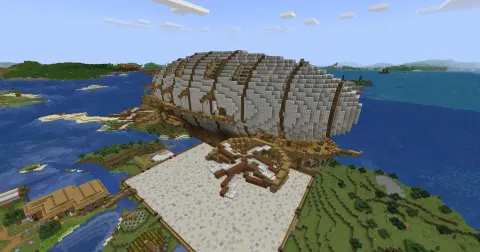 Aero Base Blimp (Updated) with Oak Planks, White Envelope, Oak Log, Oak Slab, Oak Stairs, White Wool, Framed Glass, and White Symmetric Sail, visible proportions, and a 67 x 41 x 102 schematic footprint.