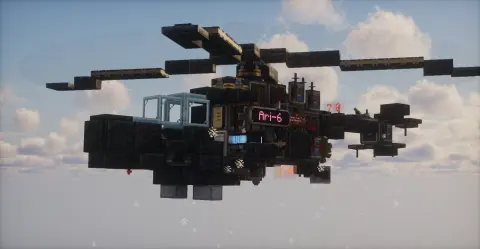 Ari-6: Night Shark Helicopter with Copycat Step, Copycat Panel, Redstone Link, Black Symmetric Sail, Lodestone, Polished Cut Scorchia Stairs, Encased Chain Drive, and Iron Handle, visible proportions, and a 19 x 7 x 17 schematic footprint.