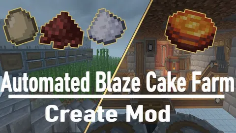Automated Blaze Cake Farm preview with a compact Create machine, stone-brick base, belts, mechanical saw, deployer, fluid tank, and farm parts.