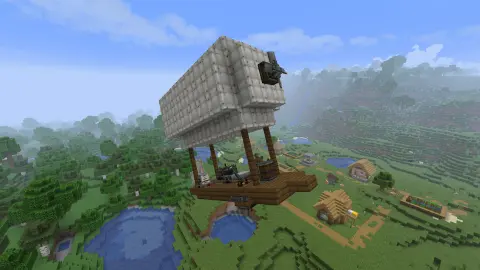 Basic Aeronautics Airship with White Envelope, Spruce Stairs, Spruce Fence, Spruce Planks, Andesite Encased Cogwheel, Redstone Link, Shaft, and Gearbox, visible proportions, and a 5 x 10 x 11 schematic footprint.