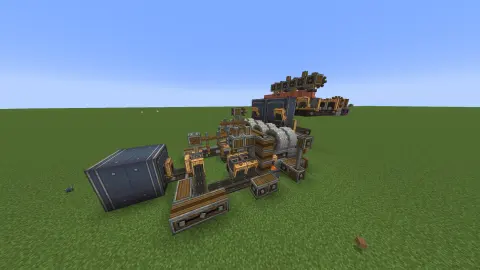 Brass farm 500+ h with Belt, Item Vault, Encased Chain Drive, Gearbox, Brass Belt Funnel, Stone Bricks, Cogwheel, and Fluid Pipe, visible proportions, and a 25 x 9 x 10 schematic footprint.
