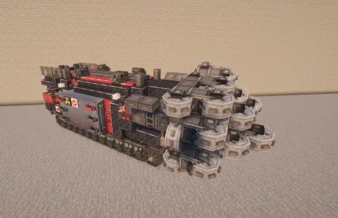 Burovaia Ustanovka drill rig with Copycat Slab, Black Slashed Locometal, Rockcutting Wheel, Item Vault, Copycat Trapdoor, Copycat Stairs, Industrial Iron Block, and Copycat Slice, visible proportions, and a 10 x 7 x 22 schematic footprint.