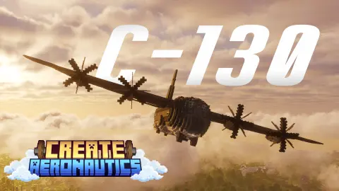 C-130 Hercules cargo aircraft with broad wings, long fuselage, tail section, landing gear detail, and Aeronautics flight components.