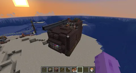 Compact Create tank with a dark scoria hull, working tread modules, cannon mount, glass windows, control blocks, and fluid machinery.