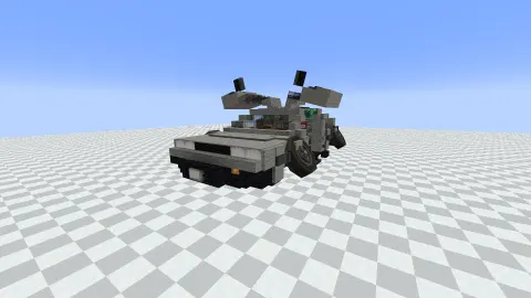 DeLorean v2 Flying car with Copycat Step, Copycat Panel, Light Gray Wool, Black Wool, Belt, Light Gray Carpet, Redstone Link, and Black Sail, visible proportions, and a 19 x 6 x 9 schematic footprint.