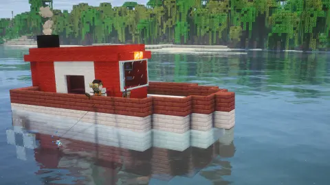 Fishing Boat with Pale Oak Planks, Copycat Panel, Mangrove Planks, Red Wool, White Sail, Copycat Step, Encased Chain Drive, and Andesite Propeller, visible proportions, and a 17 x 11 x 9 schematic footprint.