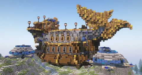 FLYING BASE Ready for survival - Air Battleship SKYFIRE from WoW with Andesite Casing, Spruce Planks, Brass Block, Copycat Slab, Brass Casing, Light Gray Sail, White Slashed Locometal, and Stripped Dark Oak Log, visible proportions, and a 65 x 45 x 81 schematic footprint.