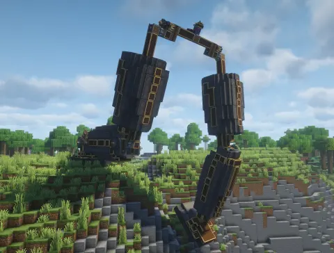 Fully Controllable Mech Legs with Copycat Panel, Dark Metal Plating, Copycat Vertical Stairs, Copycat Layer, Copycat Slab, Brass Casing, Mud, and Brass Encased Shaft, visible proportions, and a 7 x 32 x 21 schematic footprint.