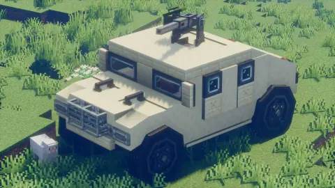 Humvee with Copycat Slope Layer, Copycat Block, Copycat Slab, Copycat Board, Redstone Link, Copycat Stacked Half Layer, Copycat Slice, and Copycat Sliding Door, visible proportions, and a 12 x 5 x 7 schematic footprint.