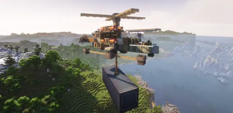 Helicopter with White Sail, Piston Extension Pole, Framed Glass Pane, Gearbox, Redstone Link, Copycat Panel, Red Portable Engine, and Chute, visible proportions, and a 11 x 7 x 17 schematic footprint.