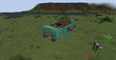Hover Survival Friendly with Copycat Stacked Half Layer, Copycat Layer, Gray Symmetric Sail, Copycat Half Layer, Copycat Slice, Redstone Link, Andesite Encased Cogwheel, and Nozzle, visible proportions, and a 8 x 5 x 5 schematic footprint.