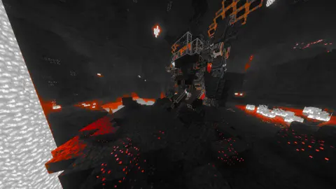 HELL-MECHA with Redstone Link, Glowstone, Metal Girder, Cogwheel, Cut Scorchia Brick Stairs, Gearbox, Coal Block, and Cut Scorchia Brick Slab, visible proportions, and a 21 x 22 x 21 schematic footprint.