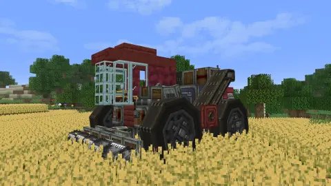 Mangrove Harvester after Create Aeronautics Release Trailer with Item Vault, Vertical Framed Glass Pane, Copycat Step, Mangrove Planks, Redstone Link, Mechanical Harvester, Cut Crimsite Wall, and Belt, visible proportions, and a 6 x 5 x 8 schematic footprint.