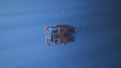 Mini Submarine with Copycat Panel, Redstone Link, Cogwheel, Cut Copper Slab, Copper Gearshift, Copper Encased Shaft, Framed Glass, and Copycat Slab, visible proportions, and a 5 x 5 x 7 schematic footprint.