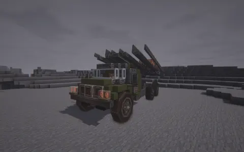Multiple Rocket Launcher on vehicle - Soviet Katyusha with Copycat Half Panel, Copycat Step, Copycat Panel, Copycat Byte, Copycat Pane, Copycat Slab, Redstone Link, and Copycat Stairs, visible proportions, and a 17 x 7 x 9 schematic footprint.