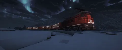 Panoramic Train Swiss voyager (SBB Re 6x6) with Copycat Slice, Copycat Layer, Copycat Vertical Half Layer, Copycat Slope Layer, Layered Diorite, Copycat Stacked Half Layer, Track, and Copycat Slab, visible proportions, and a 5 x 8 x 107 schematic footprint.