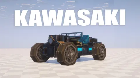 Tiny Kawasaki race car with compact body, low wheels, bright vehicle trim, driver seat area, and Create Offroad parts.