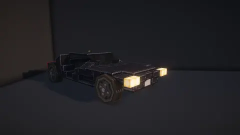 Simple Muscle Car with Black Riveted Locometal, Copycat Panel, Copycat Slope Layer, Copycat Stairs, Copycat Stacked Half Layer, Redstone Link, Copycat Trapdoor, and Encased Chain Drive, visible proportions, and a 13 x 4 x 7 schematic footprint.