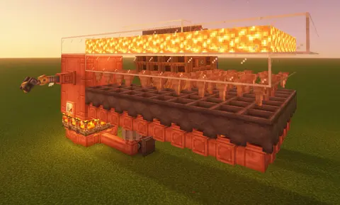 Compact level-9 steam engine with glass tank bank, lava layer, cauldrons, fluid pipes, blaze burners, and Create power machinery.