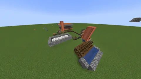 SteamEngine BlazeCakeFarm utility layout on grass with lava pool, sugar cane farm, chicken area, belts, tanks, pumps, and Create machinery.