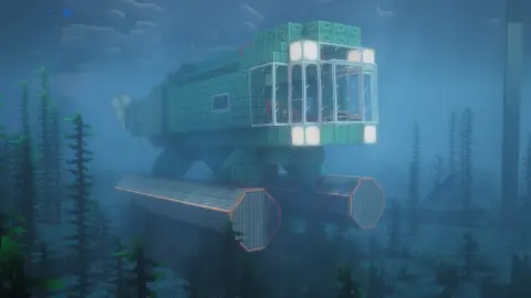 Compact submarine with rounded hull, glass viewing area, underwater vehicle shape, propulsion details, and Create submarine parts.