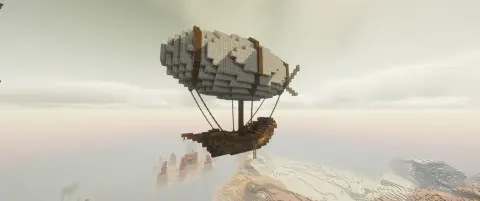 Survival Friendly Airship with White Envelope, Oak Planks, Oak Slab, Spruce Planks, Spruce Slab, Spruce Stairs, White Sail, and Copycat Step, visible proportions, and a 17 x 29 x 37 schematic footprint.