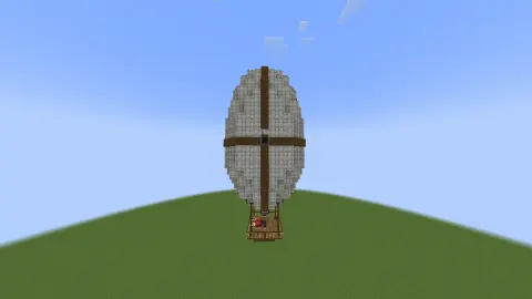 Survival friendly hot air balloon with a tall white envelope, compact basket, spruce trapdoors, fluid pipes, tanks, and catwalk railing.